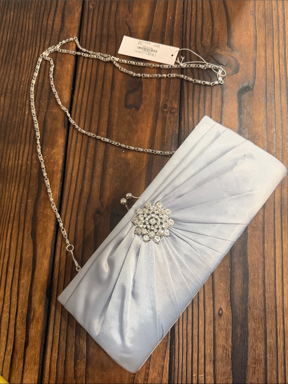 NWT Charming Charlie Elegant Silver Satin Evening Clutch with Rhinestone Brooch